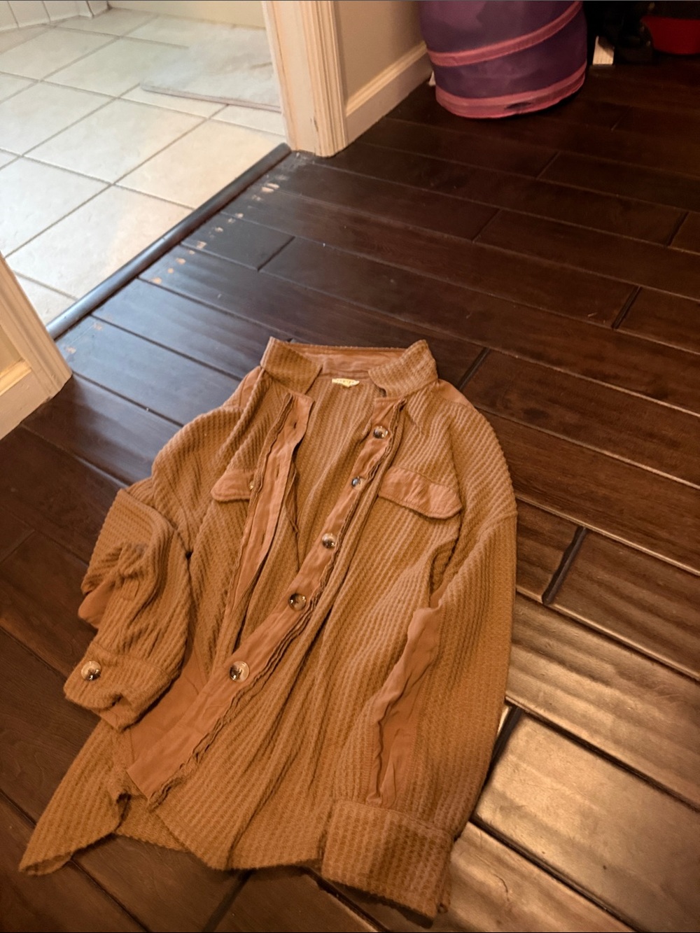 Jodifl Cozy Waffle Knit Button-Front Shirt Jacket in Camel